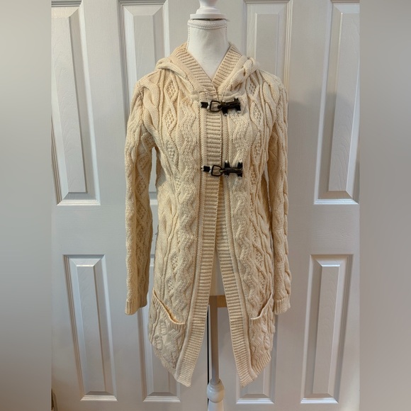 Blarney Aran Originals Sweaters - Blarney Aran Originals Cream Cable Knit Wool Hooded Toggle Cardigan Size S